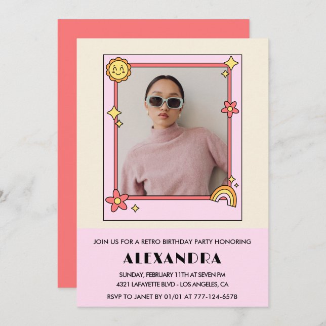 Invitación de 22 años Retro Groovy Pink Floral (Anverso / Reverso)