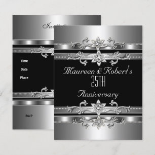 Invitación de 25º Aniversario Elegante Negro Plata