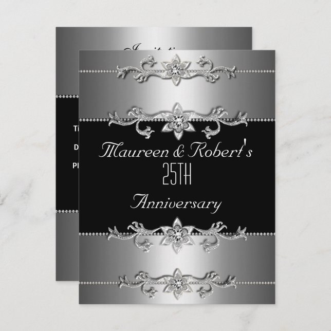 Invitación de 25 Aniversario Elegante Negro Plata  (Anverso / Reverso)