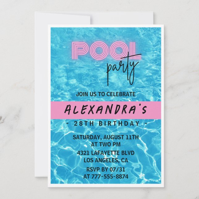 Invitación de 28 años para su Fiesta de piscina ve (Anverso)