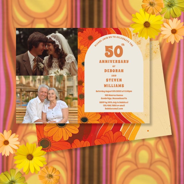 Invitación de 2 fotos de aniversario de bodas de 5 (1970s 50th Wedding Anniversary 2 Photo Invitation)