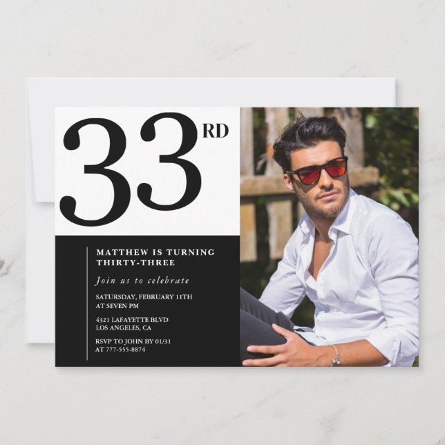 Invitación de 33 años Foto Hombres blancos negros (Anverso)