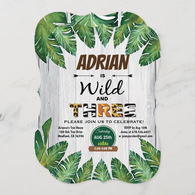 Invitación de 3 años salvaje y libre. La jungla de (Anverso / Reverso)