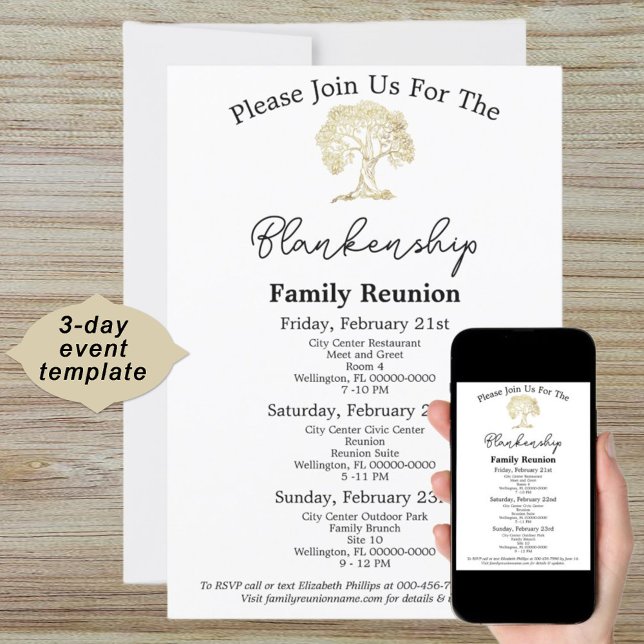 Invitación de 3 días a la Reunión de la Familia de (This old golden tree template design is ready for the details of the 3-day family reunion gathering.)