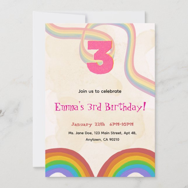 Invitación de 3er cumpleaños niña editable arcoíri (Anverso)