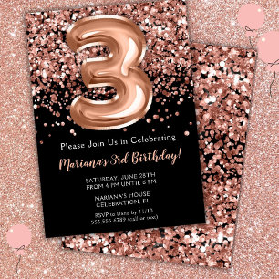 Invitación de 3er cumpleaños rosa negra con brillo
