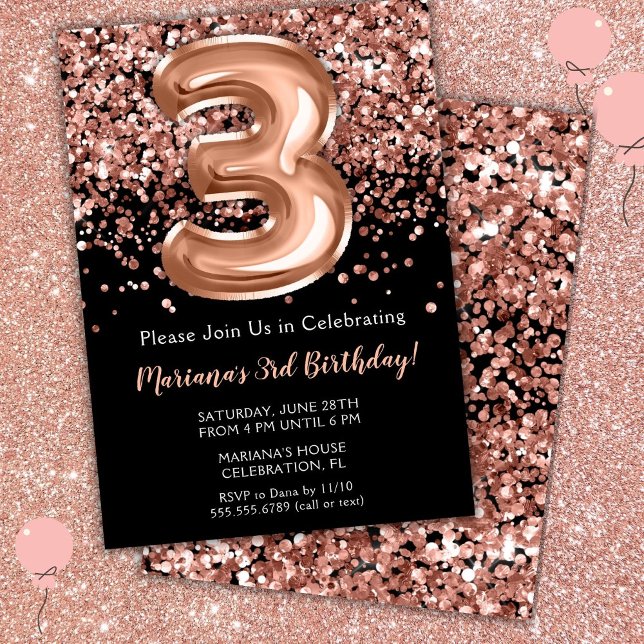 Invitación de 3er cumpleaños rosa negra con brillo (Subido por el creador)