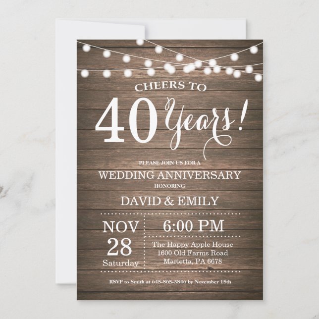 Invitación de 40º Aniversario de Boda Rustica de M (Anverso)