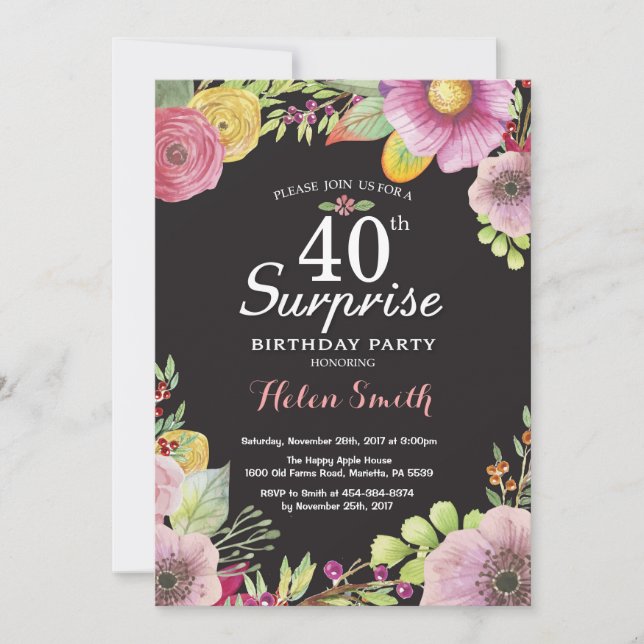 Invitación de 40º cumpleaños de Surprise Floral pa (Anverso)