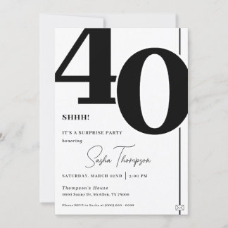 Invitación de 40 años de negro minimalista moderno