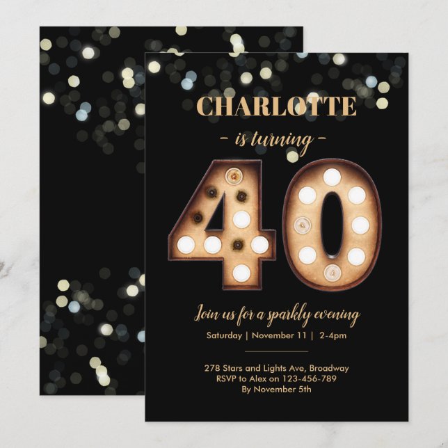 Invitación de 40 años Luces Brillantes (Anverso / Reverso)