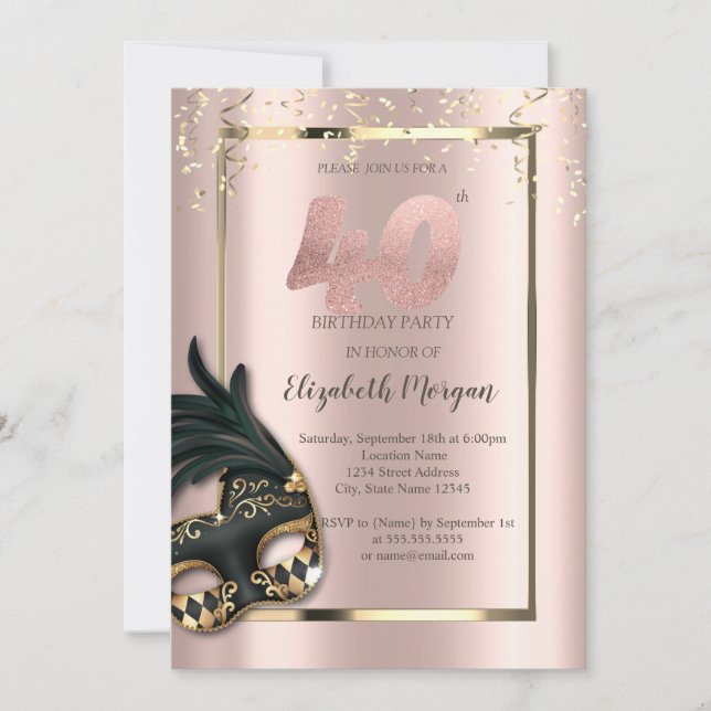 Invitación de 40 cumpleaños a Masque Rosa Gold (Anverso)