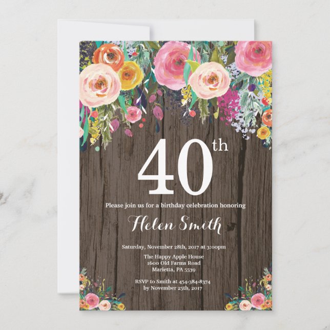Invitación de 40 cumpleaños a Rustic Floral (Anverso)