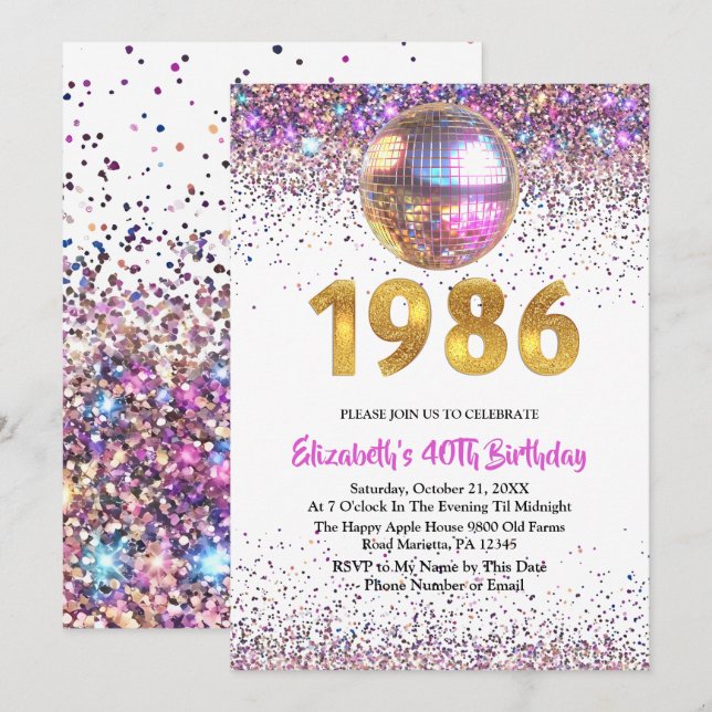 Invitación de 40 cumpleaños disco reluciente de mo (Anverso / Reverso)