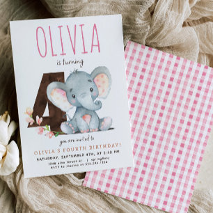 Invitación de 4 a cumpleaños de Elefante Rosa