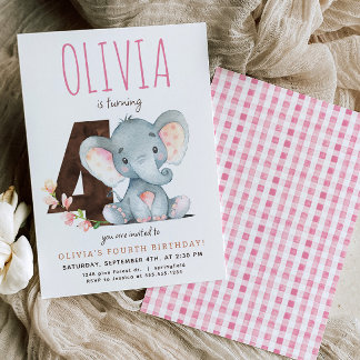 Invitación de 4 a cumpleaños de Elefante Rosa