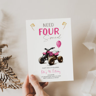 Invitación de 4to cumpleaños a Pink Quad Bike