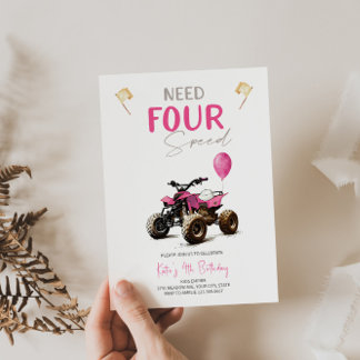 Invitación de 4to cumpleaños a Pink Quad Bike