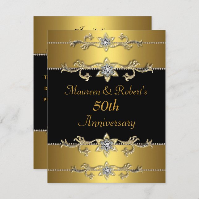 Invitación de 50º Aniversario Elegante Negro Oro 3 (Anverso / Reverso)