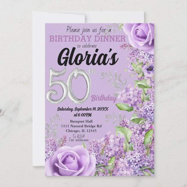 Invitación de 50 años de Lavender morado floral (Anverso)