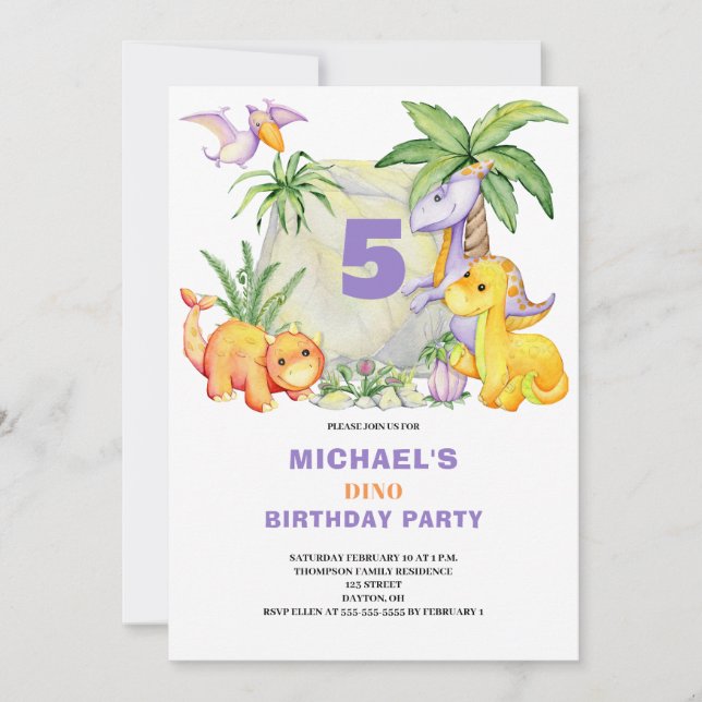 Invitación de 5 cumpleaños a Cute Dinosaur (Anverso)
