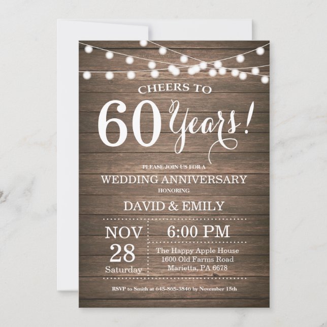 Invitación de 60º Aniversario de Boda Rustica de M (Anverso)