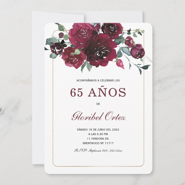 Invitación de 65 años mujer (Anverso)