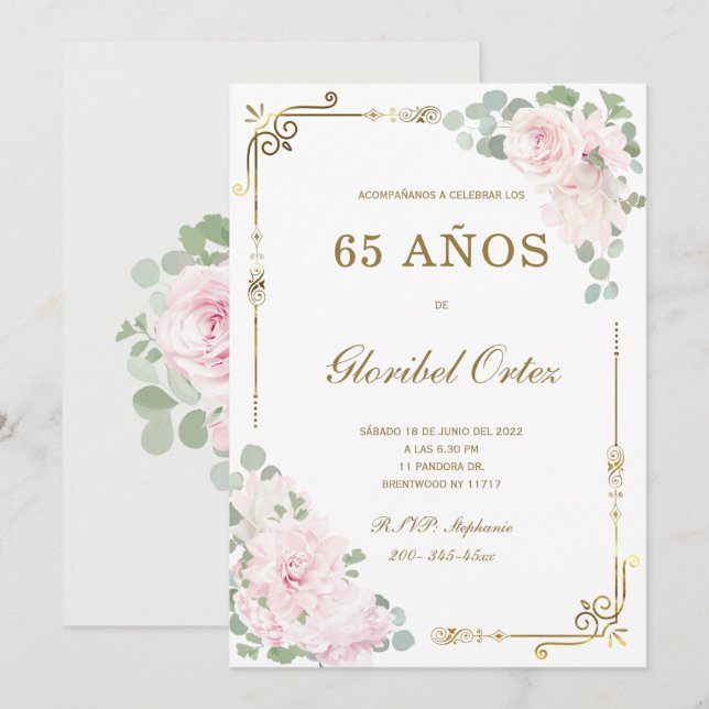 Invitación de 65 años mujer (Anverso / Reverso)
