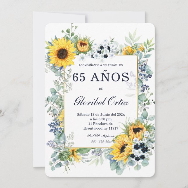 Invitación De 65 años mujer azul Marino y Girasol (Anverso)