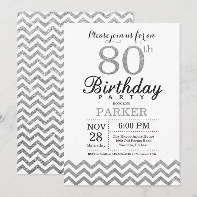 Invitación de 80 Cumpleaños Brillo Plateado (Anverso / Reverso)