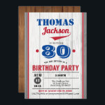 Invitación de 90 años de béisbol. Madera rústica<br><div class="desc">Cualquier edad: puede editar el número como desee.
Puede mover y cambiar el tamaño de la cola de texto para que se ajuste a su nombre.
Trato rústico de madera para una moda pero elegante invitación para adultos o niños.
Tema de color rojo y azul.</div>
