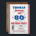 Invitación de 90 años de béisbol. Madera rústica<br><div class="desc">Cualquier edad: puede editar el número como desee.
Puede mover y cambiar el tamaño de la cola de texto para que se ajuste a su nombre.
Trato rústico de madera para una moda pero elegante invitación para adultos o niños.
Tema de color rojo y azul.</div>