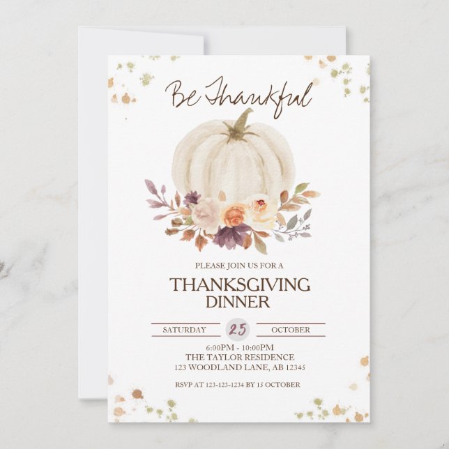 Invitación de Acción de Gracias a la Calabaza Flor (Anverso)
