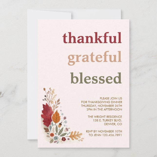 Invitación de Acción de Gracias Agradecido Bendito (Anverso)