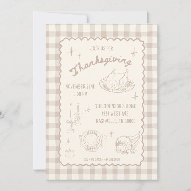 Invitación de Acción de Gracias Cuadros Tan Neutro (Anverso)