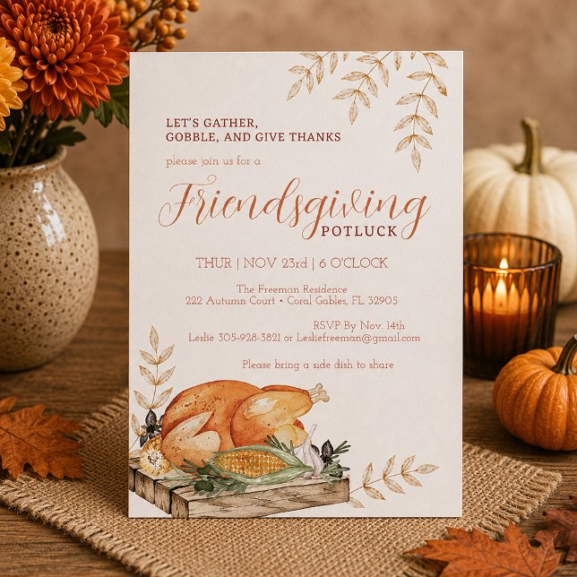 Invitación de Acción de Gracias de amigos con acua (Thanksgiving invitation with autumn decor)