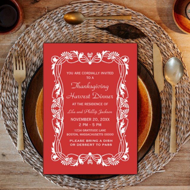 Invitación de Acción de Gracias de Red Elegant Bor (Red Elegant Border Thanksgiving Invite)