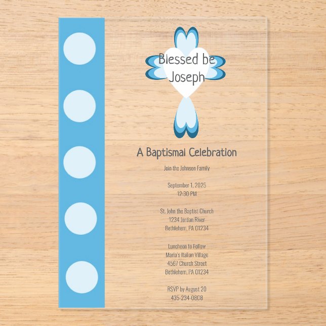 Invitación de acrílico azul para bautizo de niños (Anverso)