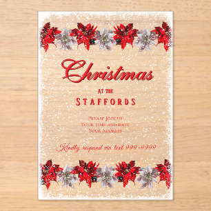 Invitación de acrílico con poinsettias rojas en la