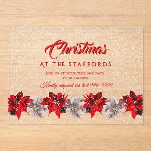 Invitación de acrílico con poinsettias rojas en la