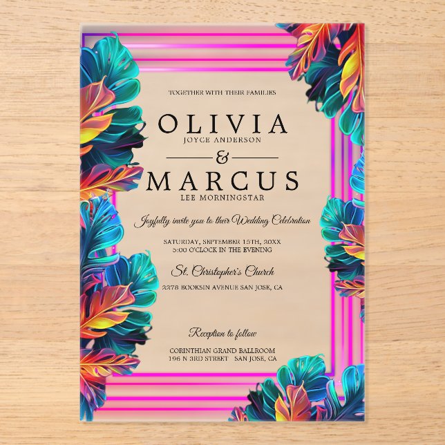 Invitación de acrílico de follaje tropical de neón (Anverso)