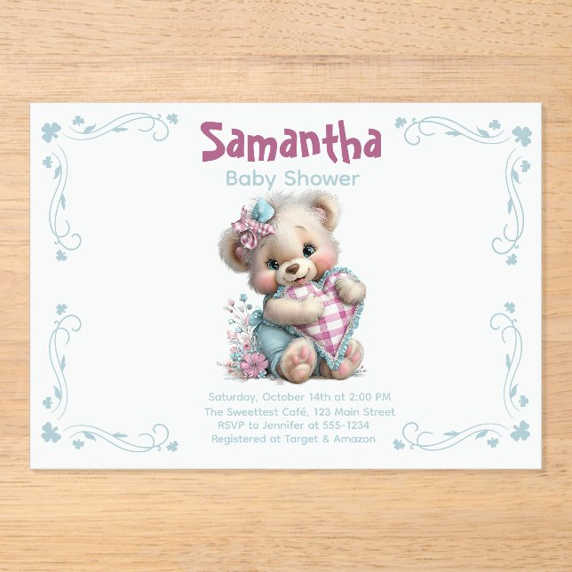 Invitación de acrílico de osito de peluche para ba (Anverso)