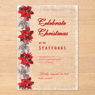 Invitación de acrílico de poinsettias rojas en nie