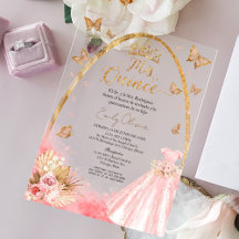 Invitación de acrílico española Quinceañera rosa