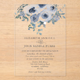 Invitación de acrílico floral azul polvoriento y g