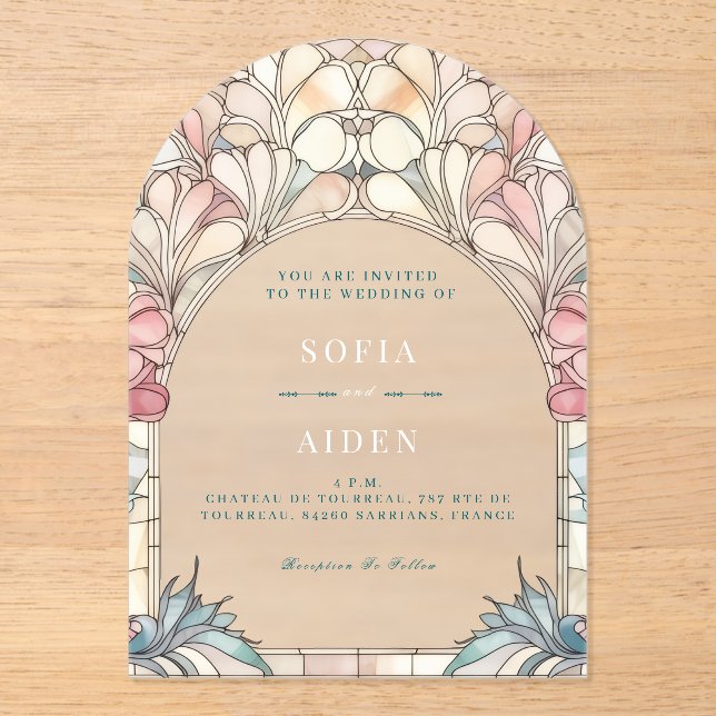 Invitación de acrílico floral azul rosa pastel (Anverso)