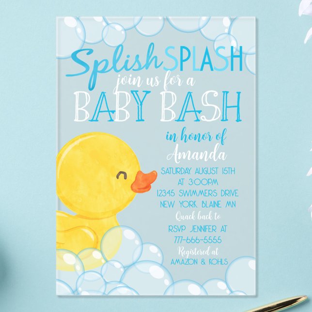 Invitación de acrílico helado para baby shower de  (Watercolor Rubber Ducky Baby Shower Frosted Acrylic Clear Invitations)