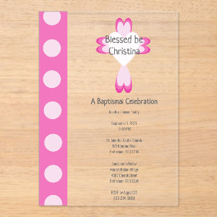 Invitación de acrílico para bautizo rosa para niña