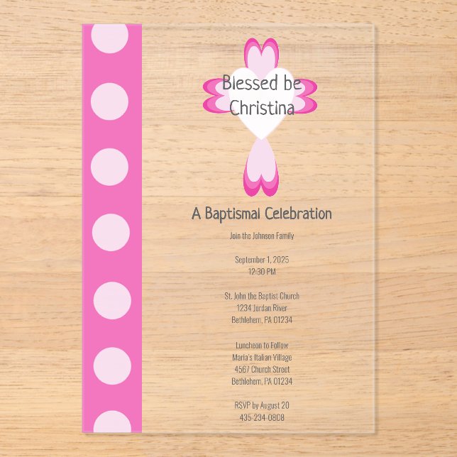 Invitación de acrílico para bautizo rosa para niña (Anverso)