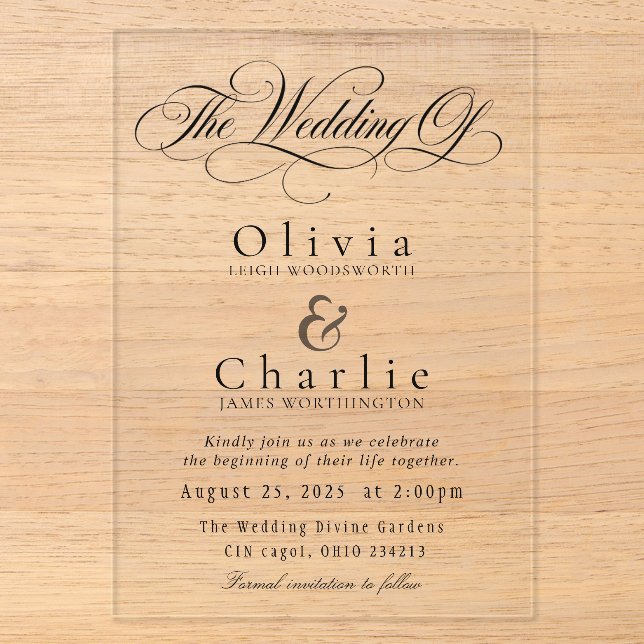 Invitación de Acrílico para Boda con Letra Elegant (Anverso)